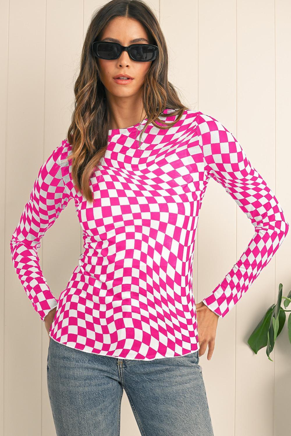 Long Sleeve Tops | Women Rose Checkered Pattern Mesh Long Sleeve Top