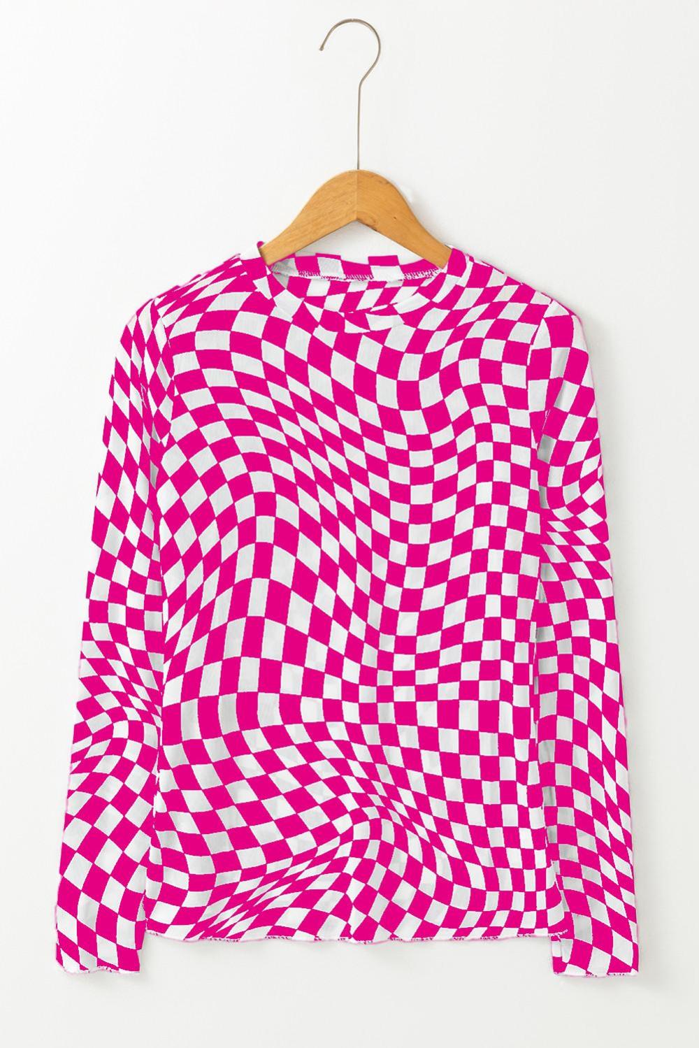 Long Sleeve Tops | Women Rose Checkered Pattern Mesh Long Sleeve Top