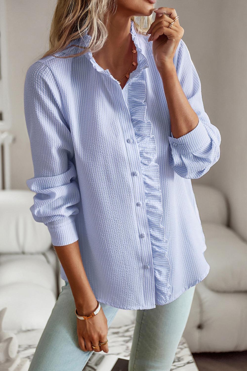 Long Sleeve Tops | Women Sky Blue Ruffled Long Sleeve Bubble Shirt