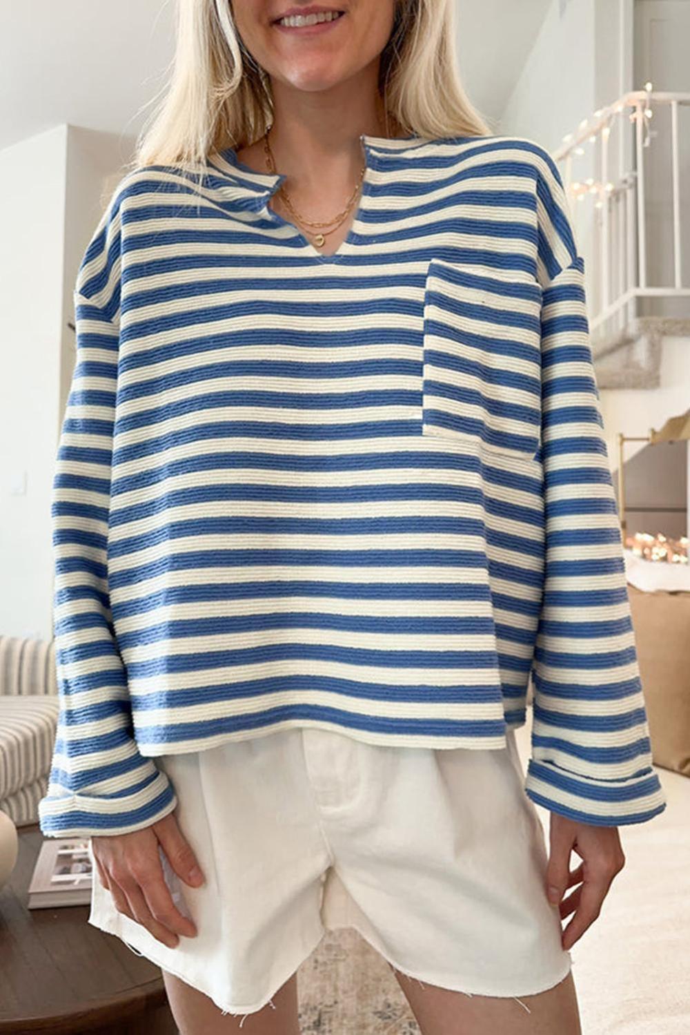 Long Sleeve Tops | Women Sky Blue Stripe Pocket Buttoned Back Notched V Neck Top