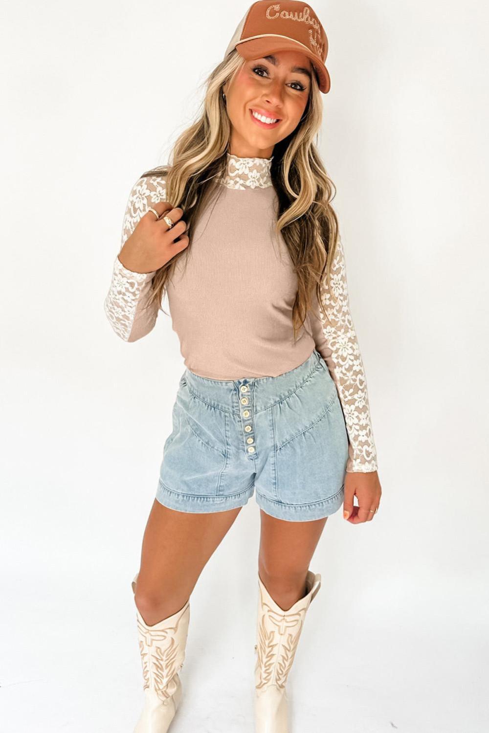 Long Sleeve Tops | Women Smoke Gray Floral Lace Patchwork Long Sleeve Slim Top