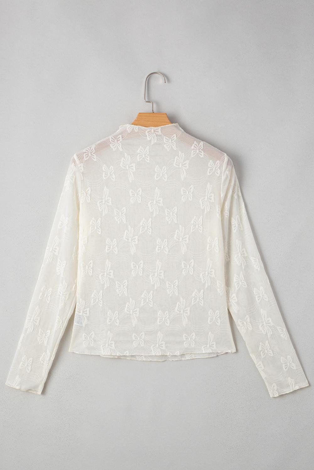 Long Sleeve Tops | Women White Butterfly Jacquard Mesh Long Sleeve Top