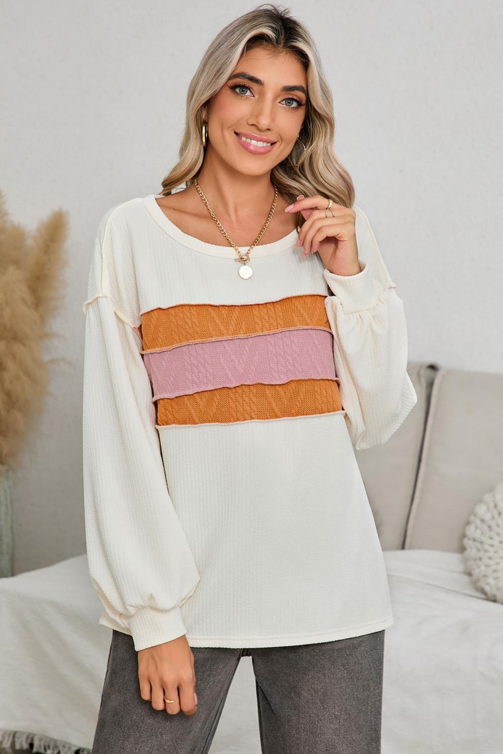 Long Sleeve Tops | Women White Corded Exposed Seam Patchwork Drop Sleeve Top