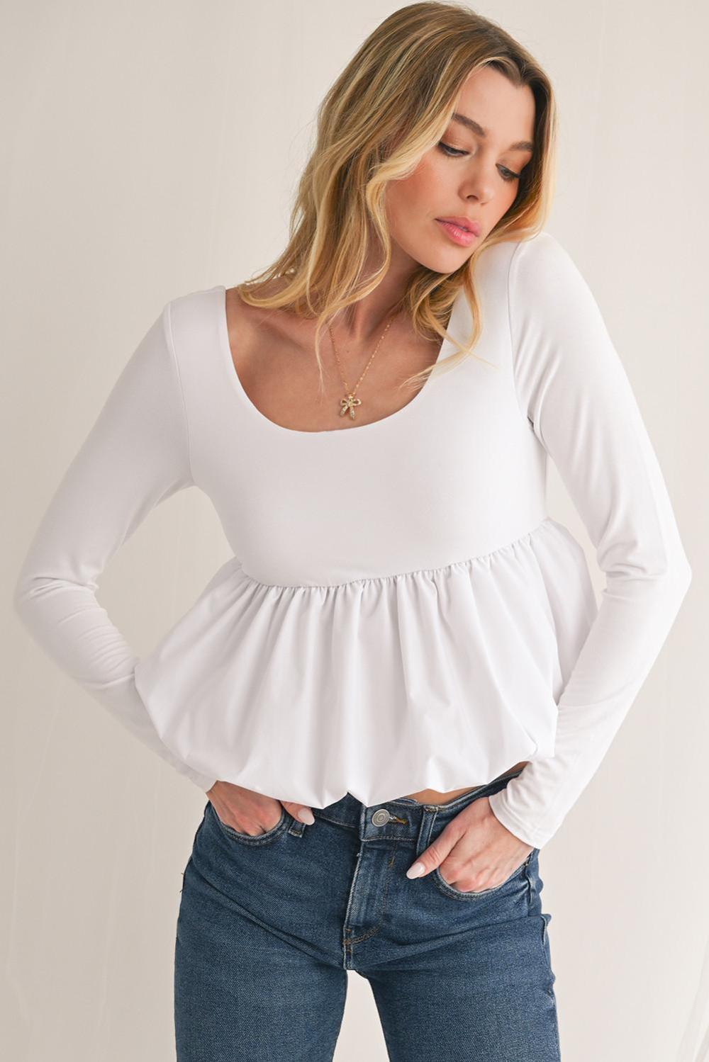 Long Sleeve Tops | Women White Elegant Scoop Neck Bubble Hem Long Sleeve Top