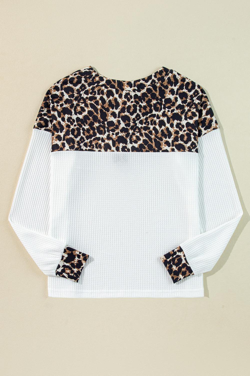 Long Sleeve Tops | Women White Leopard Waffle Knit Patchwork Button V Neck Top