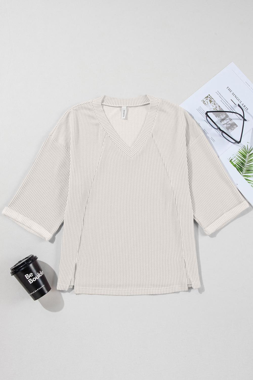 Long Sleeve Tops | Women White Solid Color Corded Drop Shoulder 3/4 Sleeve V Neck Top
