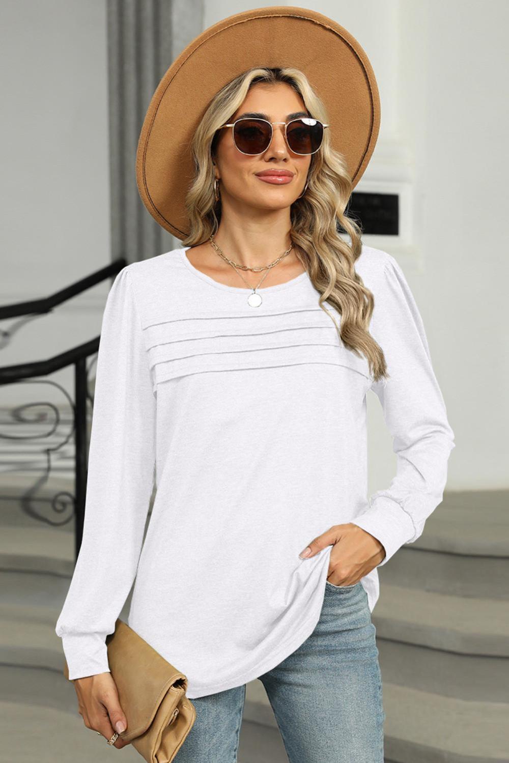 Long Sleeve Tops | Women White Solid Color Pleated Long Sleeve Top