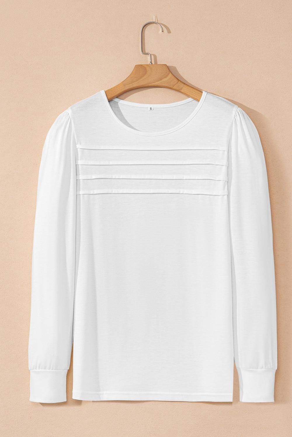 Long Sleeve Tops | Women White Solid Color Pleated Long Sleeve Top