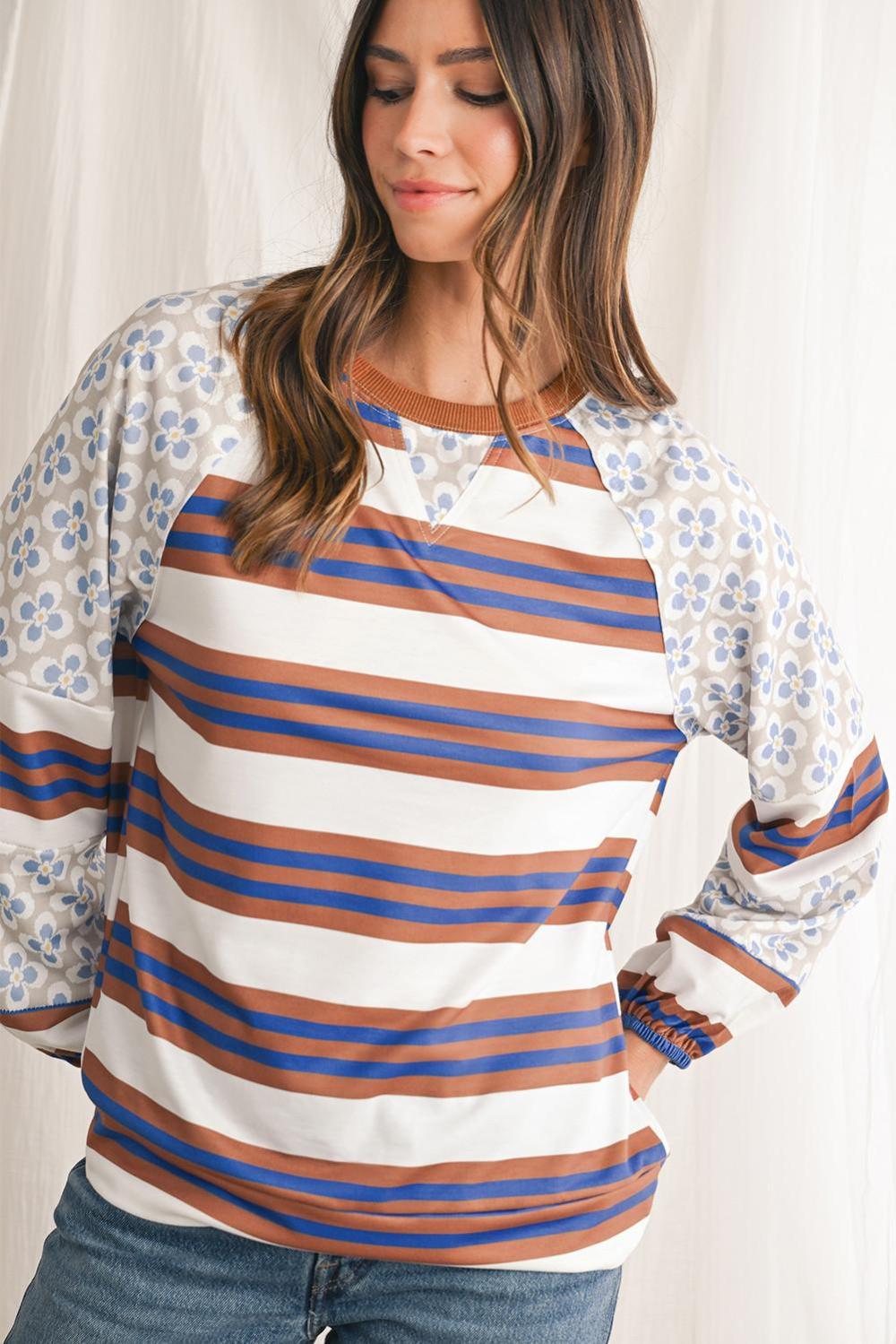 Long Sleeve Tops | Women White Striped Floral Patchwork Lantern Sleeve Top
