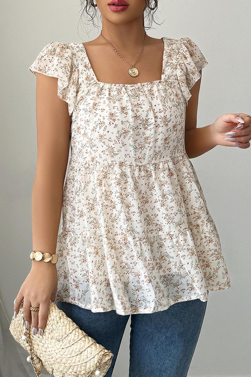 Sleeveless Tops | Women Beige Floral Print Square Neck Ruffle Sleeveless Top