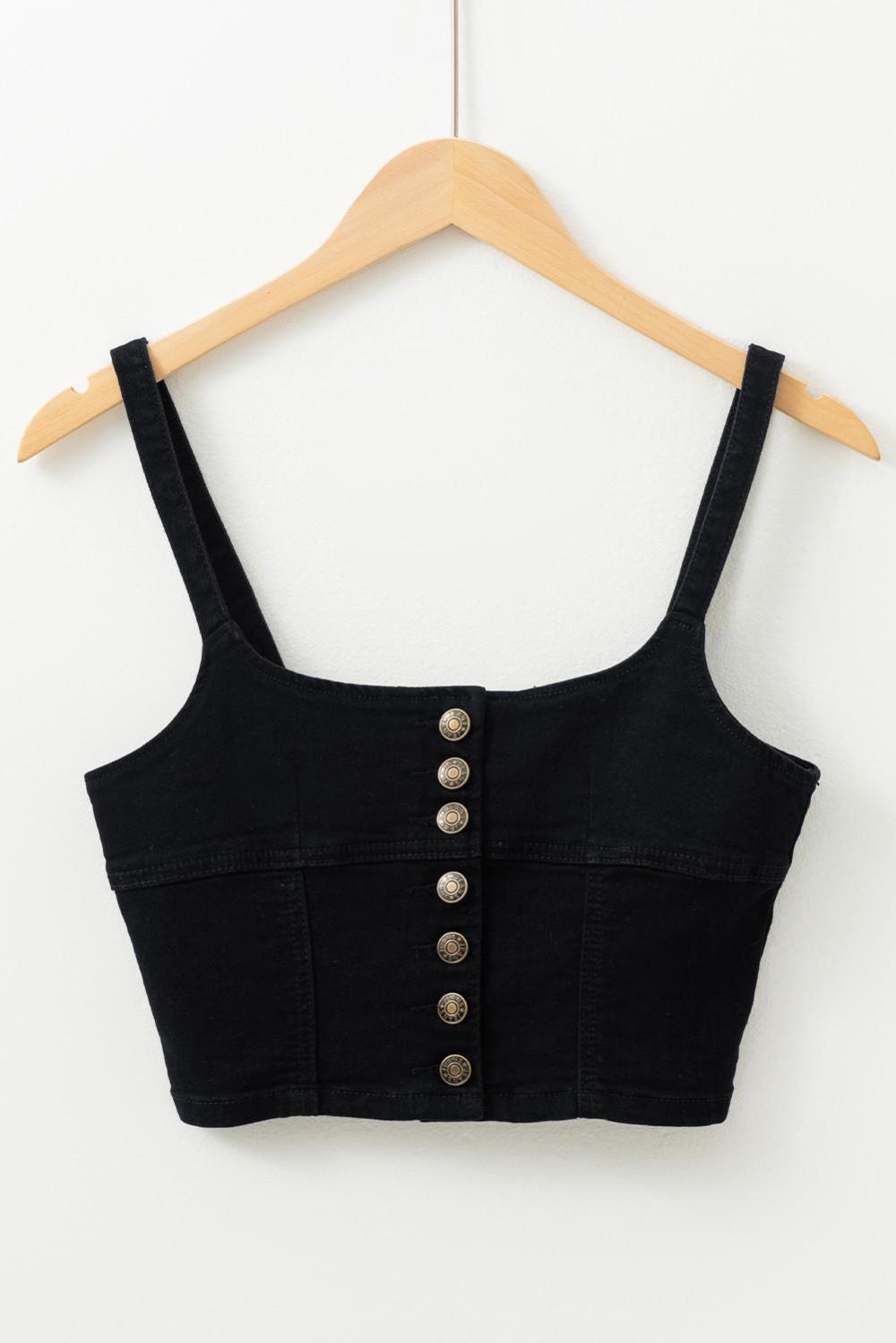 Sleeveless Tops | Women Black Acid Wash Buttoned Cropped Denim Cami Top