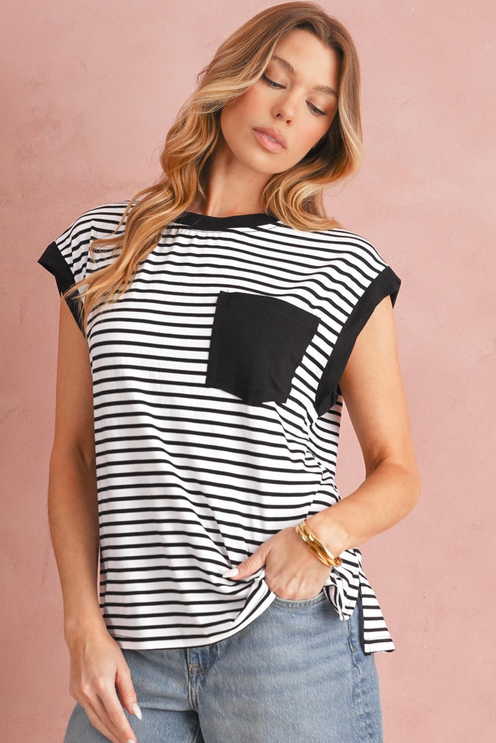 Sleeveless Tops | Women Black Stripe Chest Pocket Patch Round Neck Sleeveless Tee