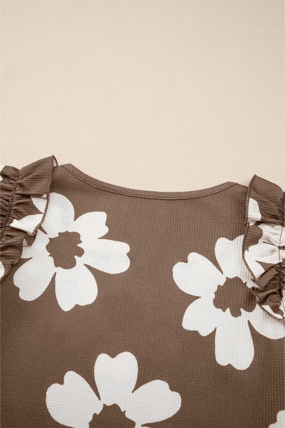 Sleeveless Tops | Women Brown Floral Ruffle Shoulder Square Neck Blouse