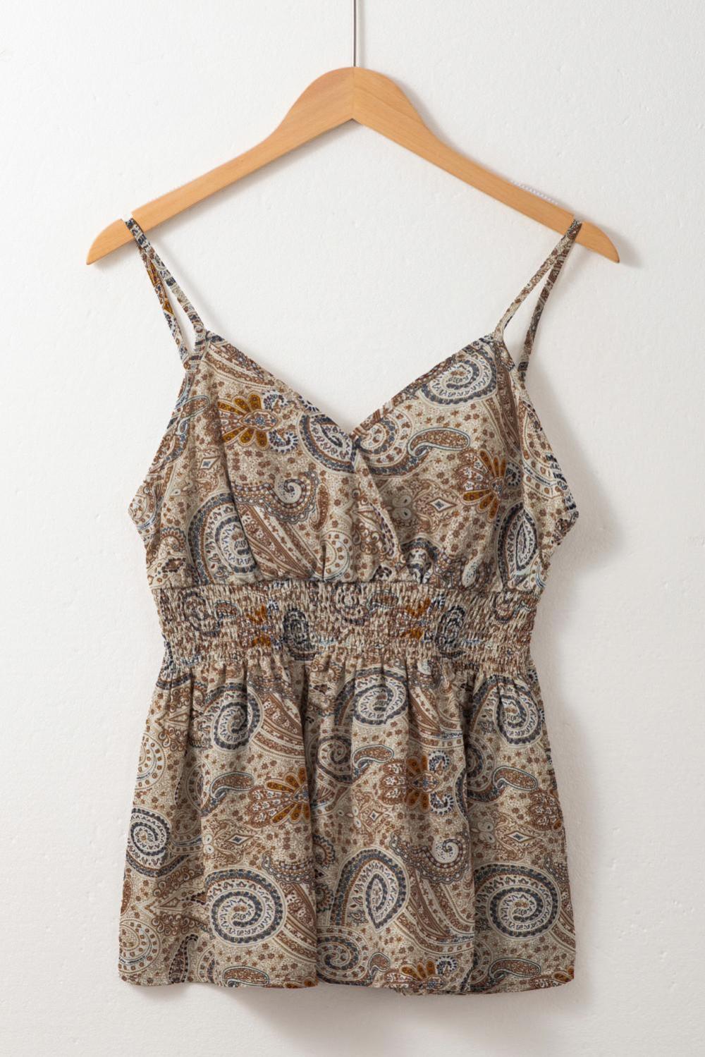 Sleeveless Tops | Women Khaki Paisley Print Spaghetti Strap V Neck Smocked Cami Top