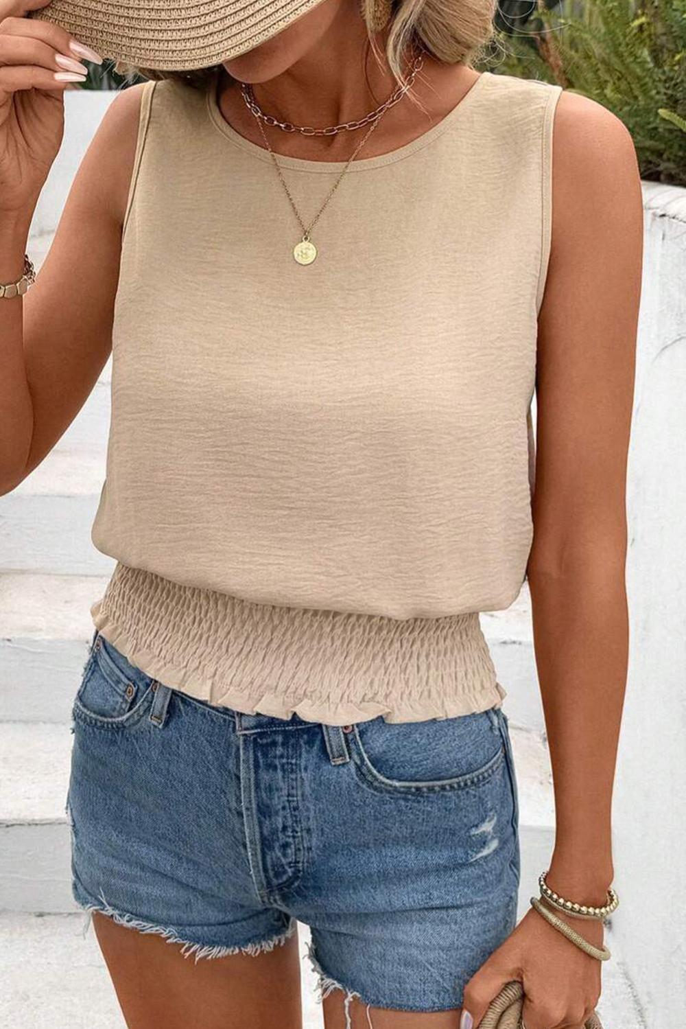 Sleeveless Tops | Women Parchment Smocked Hem Crinkle Sleeveless Top