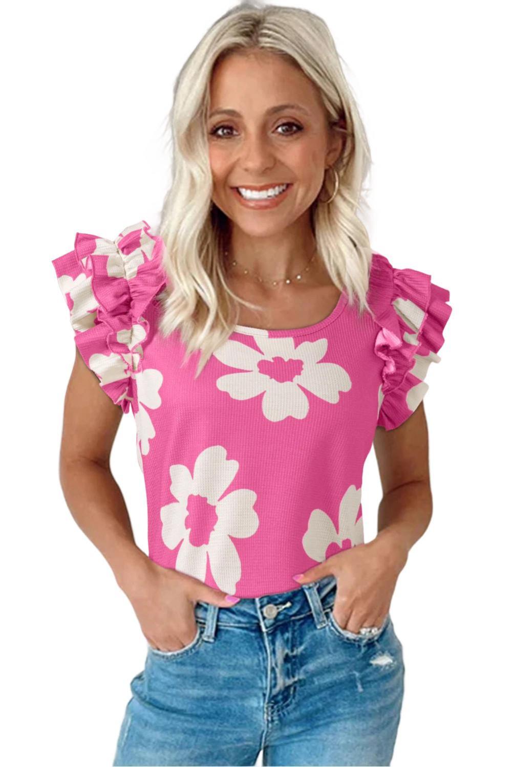 Sleeveless Tops | Women Pink Floral Ruffle Shoulder Square Neck Blouse