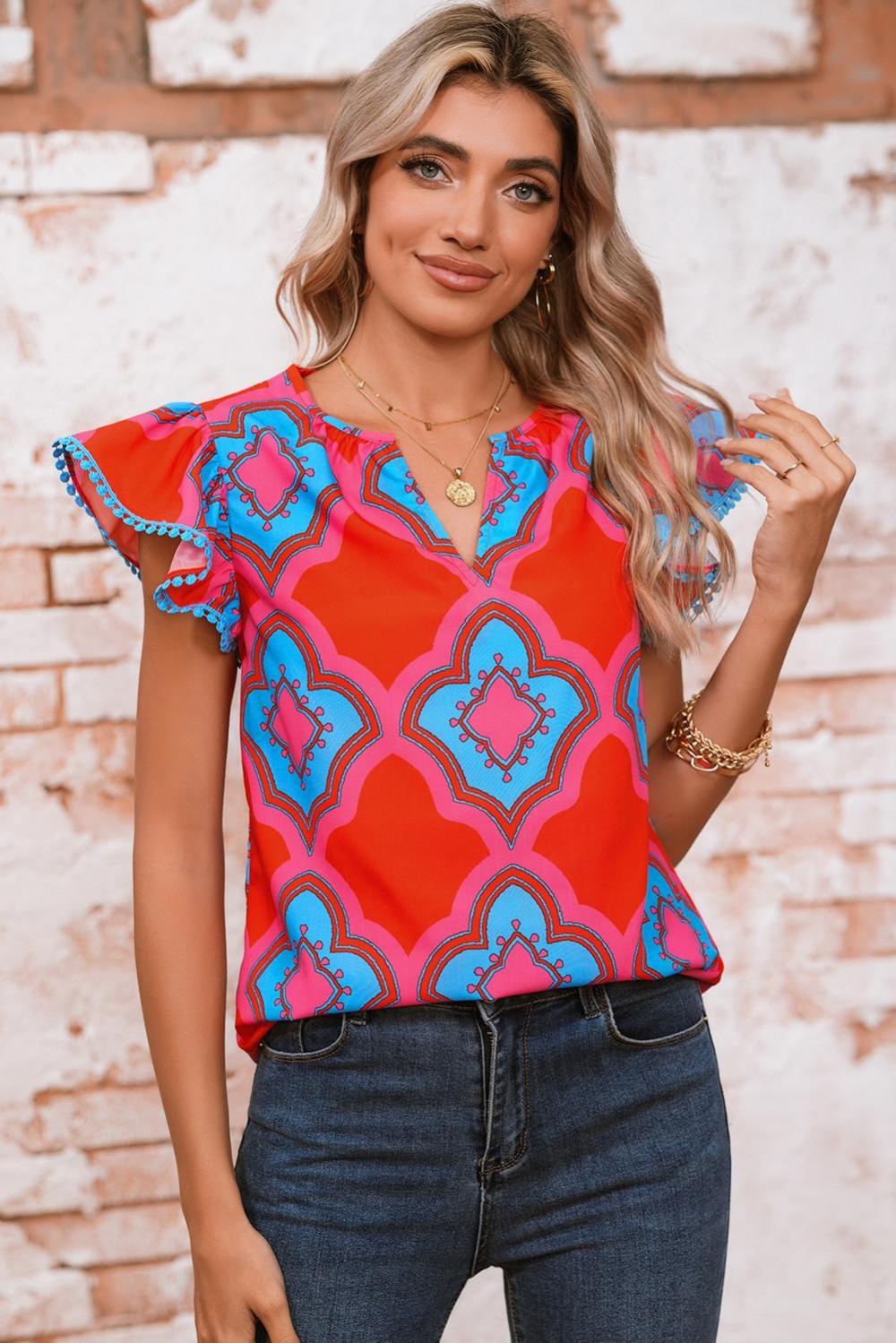 Sleeveless Tops | Women Red Random Abstract Print V Neck Ruffle Shoulder Blouse
