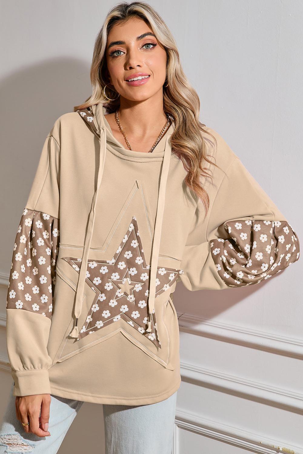 Sweatshirts & Hoodies | Women Apricot Floral Patchwork Star Pattern Drawstring Hoodie