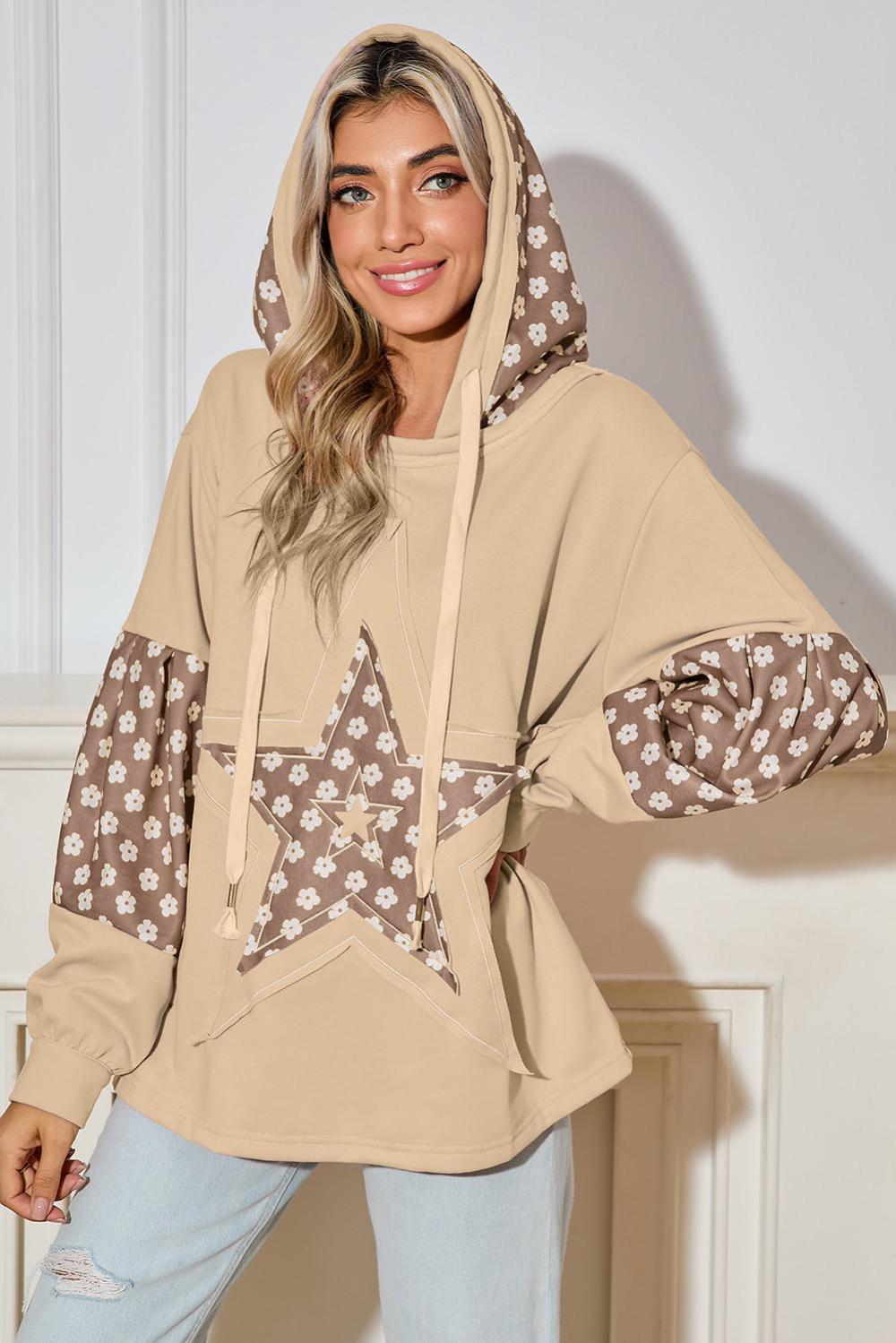 Sweatshirts & Hoodies | Women Apricot Floral Patchwork Star Pattern Drawstring Hoodie