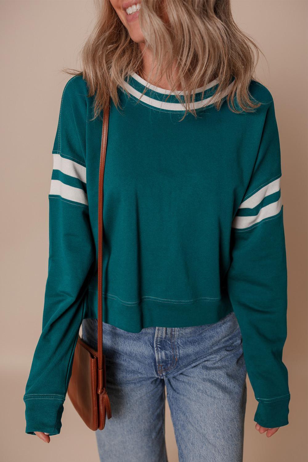 Sweatshirts & Hoodies | Women Blackish Green Contrast Striped Patchwork Drop Shoulder Sweatshirt