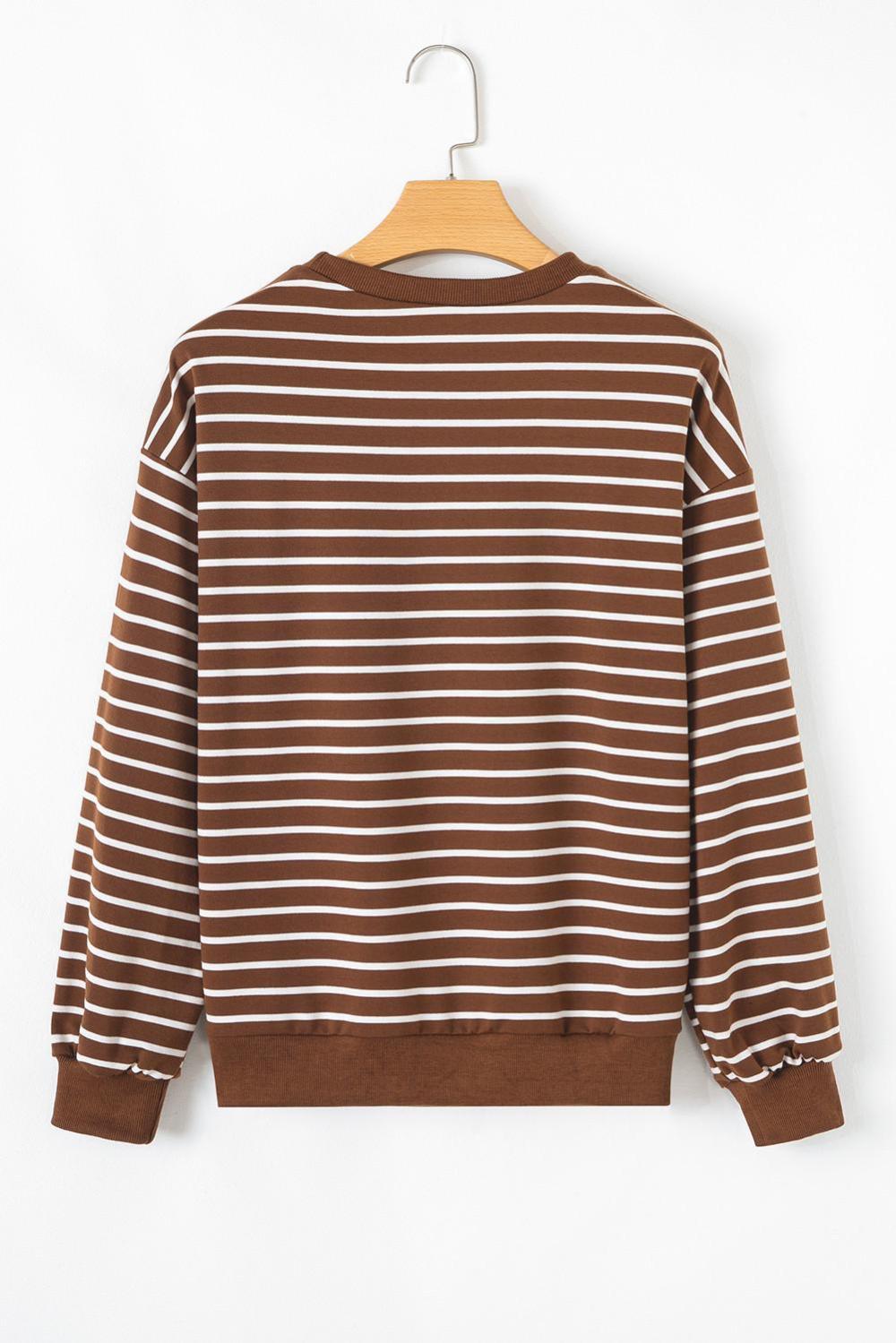 Sweatshirts & Hoodies | Women Coffee Striped Long Sleeve Round Neck Loose Fit Sweatshirt