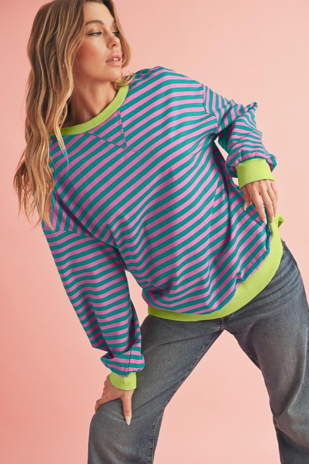 Sweatshirts & Hoodies | Women Green Stripe Contrast Edge Oversized Sweatshirt