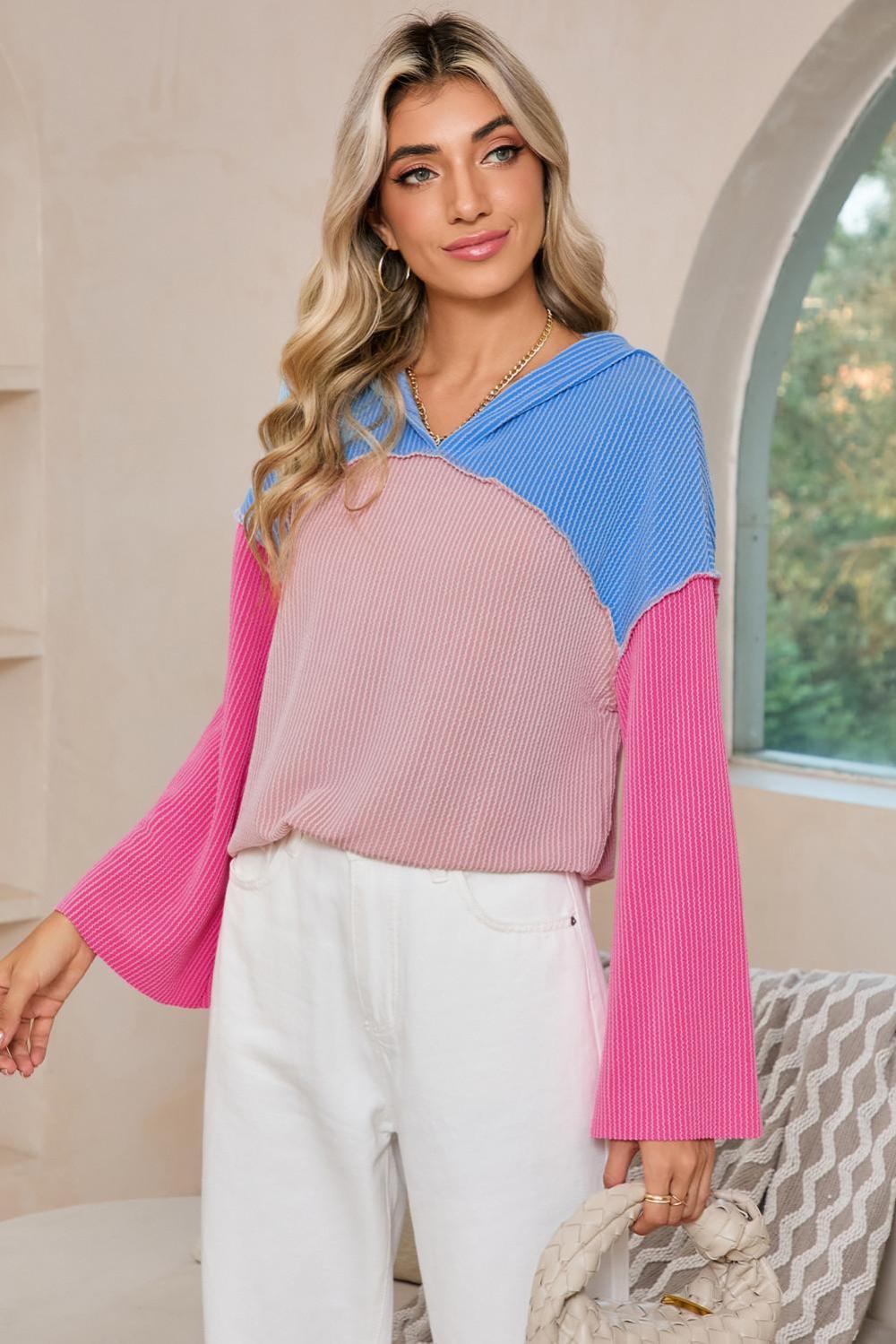 Sweatshirts & Hoodies | Women Pink Color Block Patchwork Corded Ribbed Loose Fit Hoodie