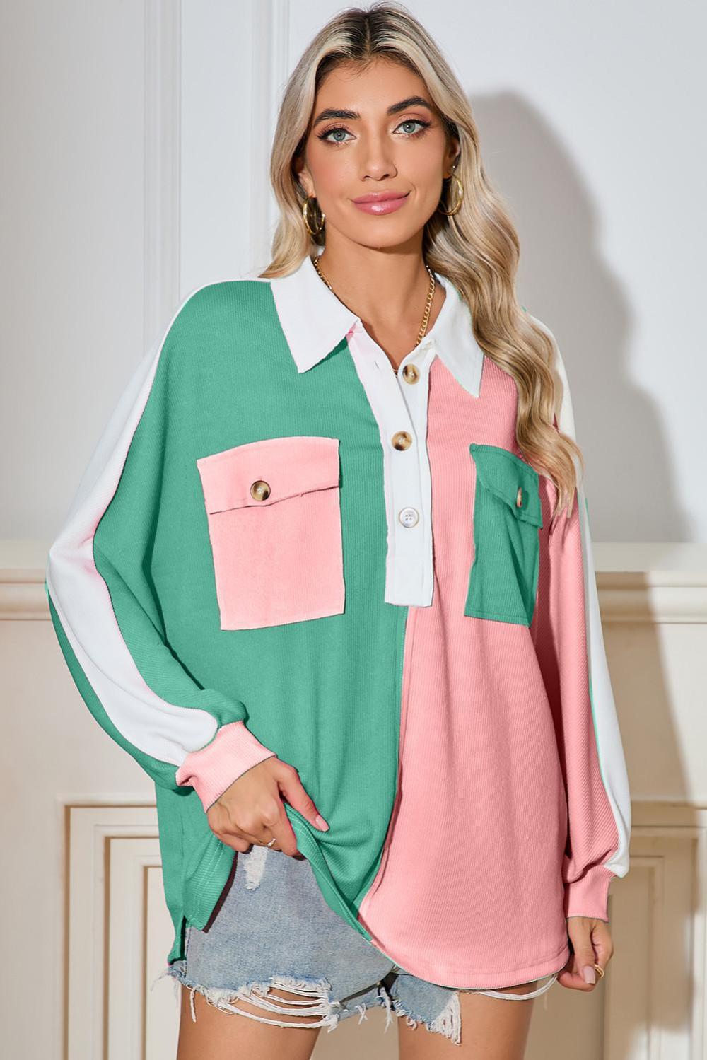 Sweatshirts & Hoodies | Women Pink Colorblock Patchwork Ribbed Oversized Sweatshirt