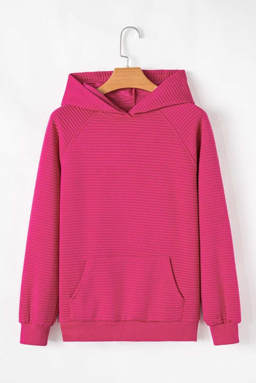 Sweatshirts & Hoodies | Women Rose Red Kangaroo Pocket Plain Textured Hoodie