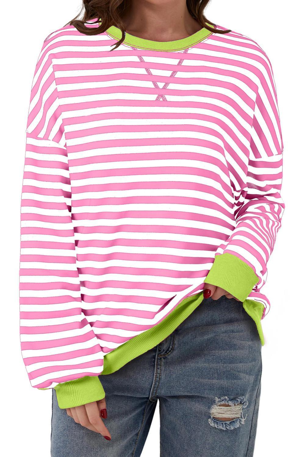 Sweatshirts & Hoodies | Women Rose Red Striped Contrast Trim Drop Shoulder Sweatshirt