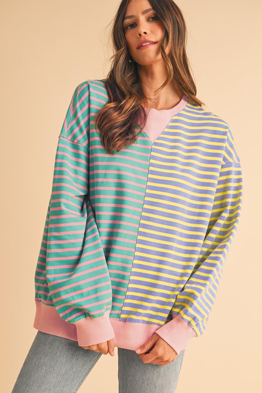 Sweatshirts & Hoodies | Women Sky Blue Stripe Colorblock Drop Shoulder Oversize Sweatshirt
