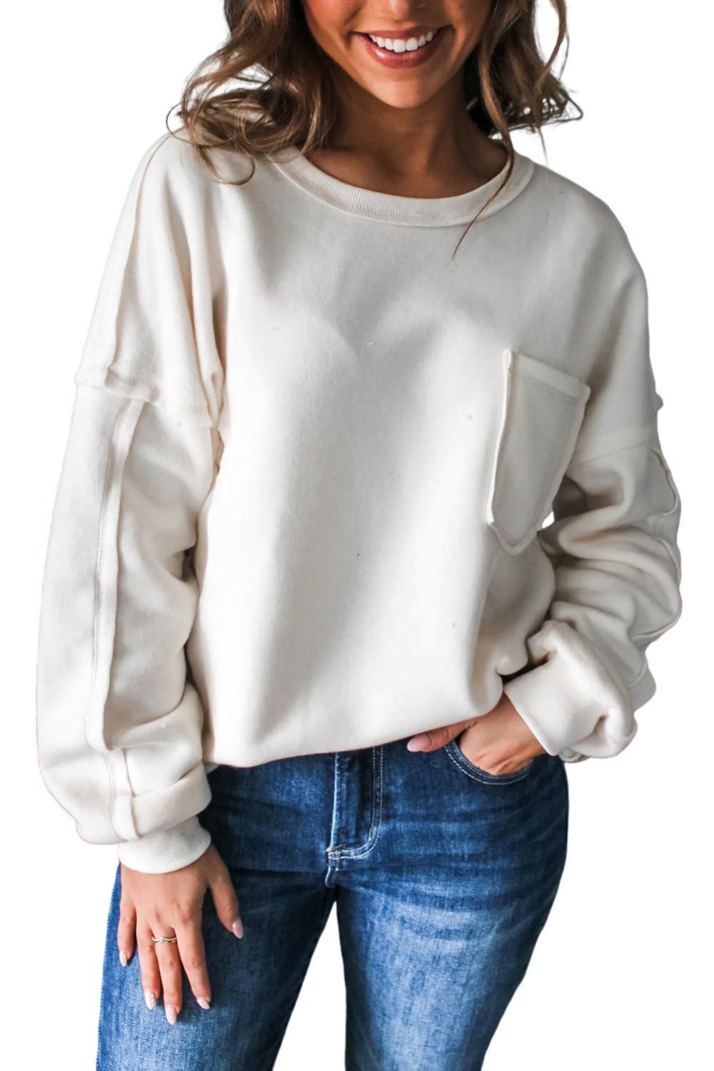 Sweatshirts & Hoodies | Women White Solid Color Drop Sleeve Pullover Sweatshirt