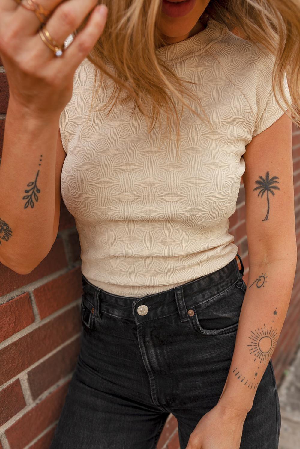 T Shirts | Women Beige Textured Crew Neck Cap Sleeve Slim T Shirt