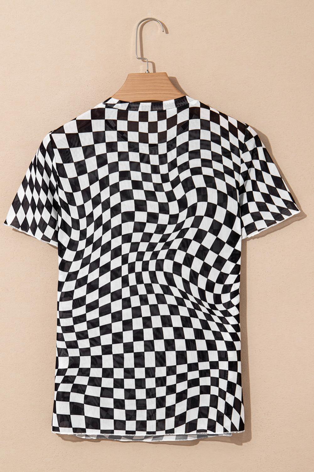 T Shirts | Women Black Checker Mesh Crew Neck T Shirt