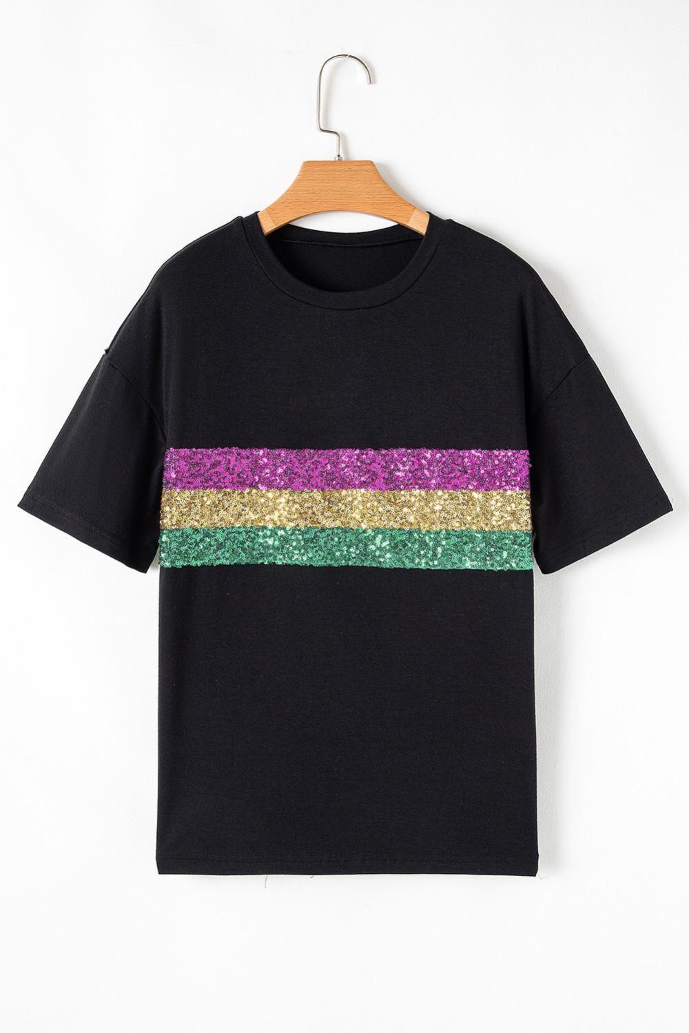 T Shirts | Women Black Colorblock Sequin Mardi Gras Crewneck T Shirt