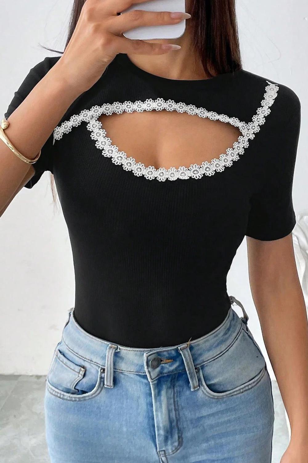 T Shirts | Women Black Contrast Lace Trim Cut Out Slim Fit Ribbed Top