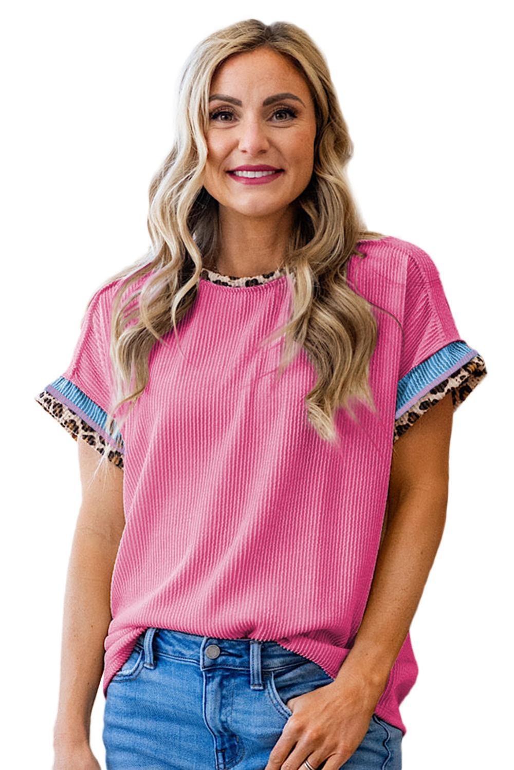 T Shirts | Women Bonbon Leopard Patchwork Corded Crew Neck T Shirt