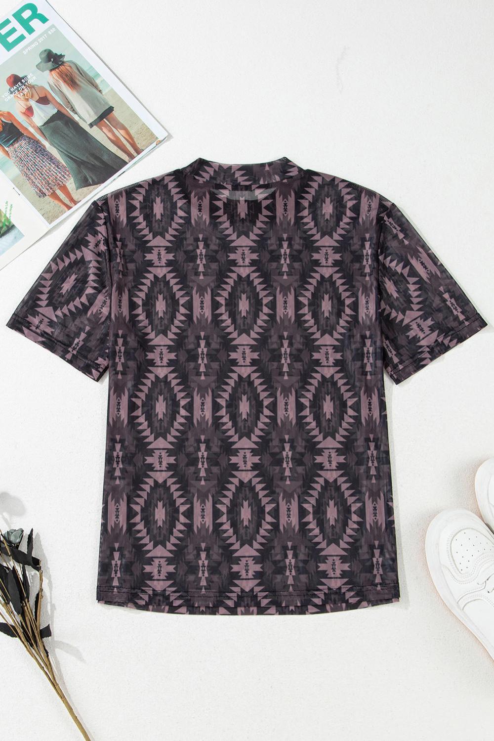 T Shirts | Women Brown Geometric Print Mock Neck Short Sleeve Mesh T Shirt