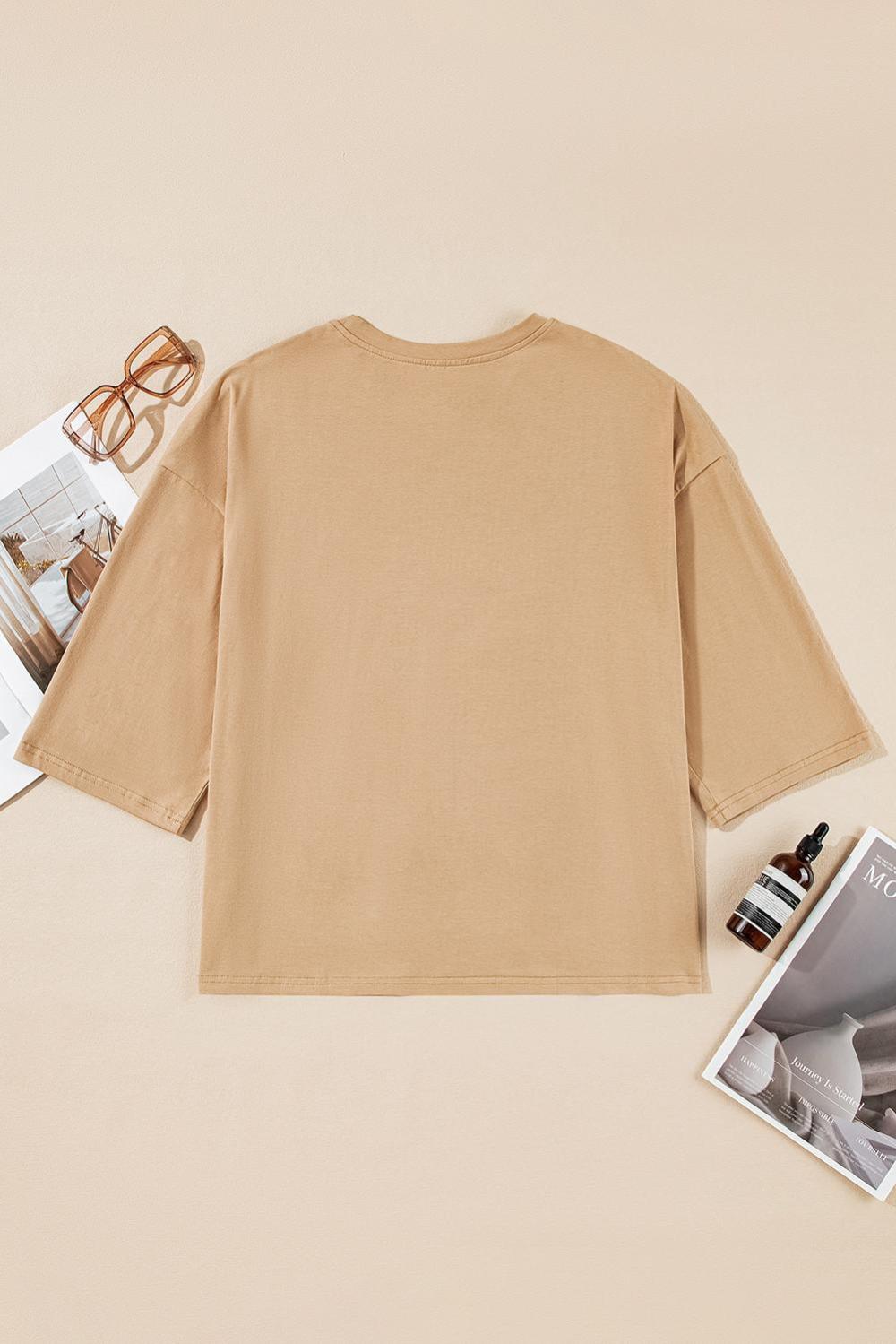 T Shirts | Women Camel Floral Star Patched 3/4 Sleeve T Shirt