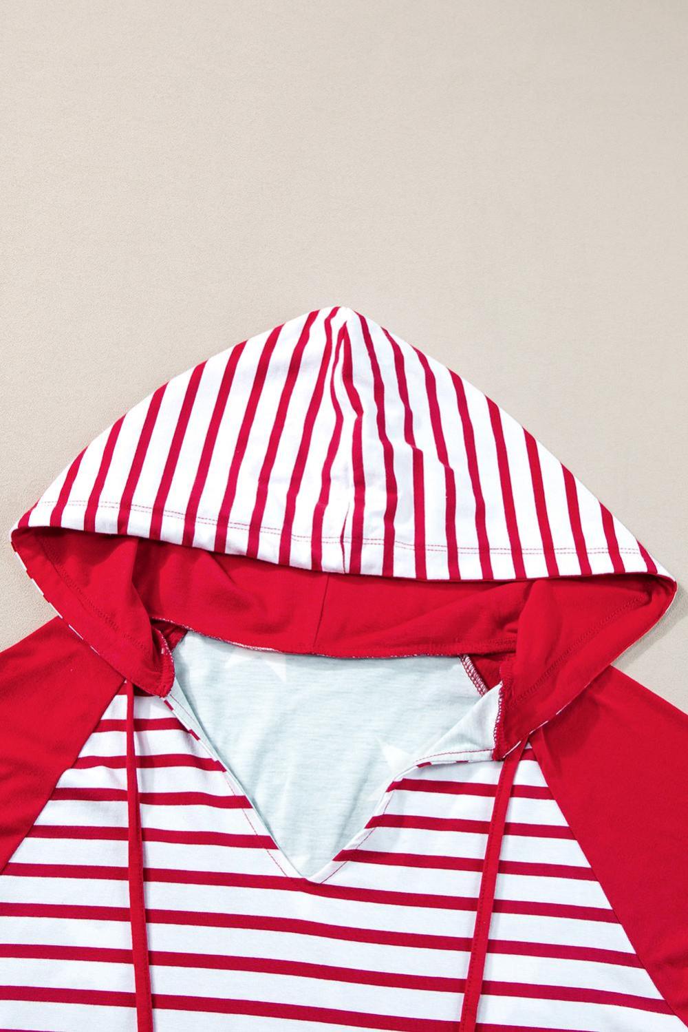 T Shirts | Women Fiery Red Stars And Stripes Print Drawstring Hooded T Shirt