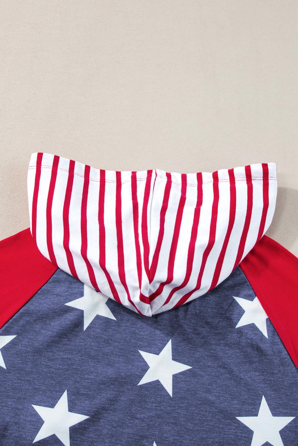 T Shirts | Women Fiery Red Stars And Stripes Print Drawstring Hooded T Shirt
