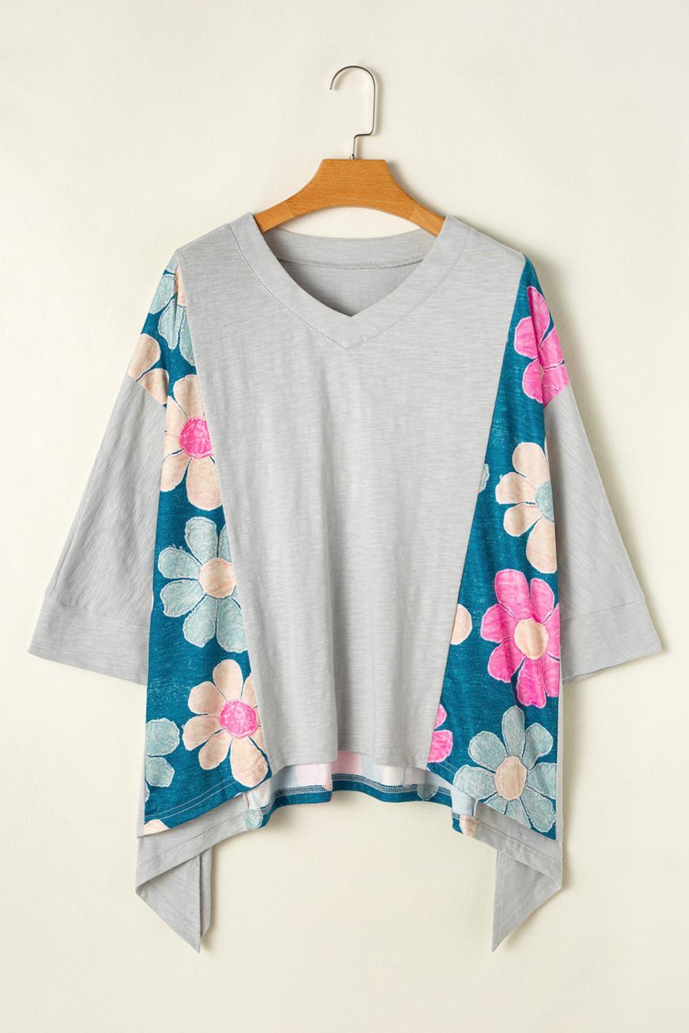 T Shirts | Women Green Patchwork 60S Floral V Neck Bracelet Sleeve Oversized Top