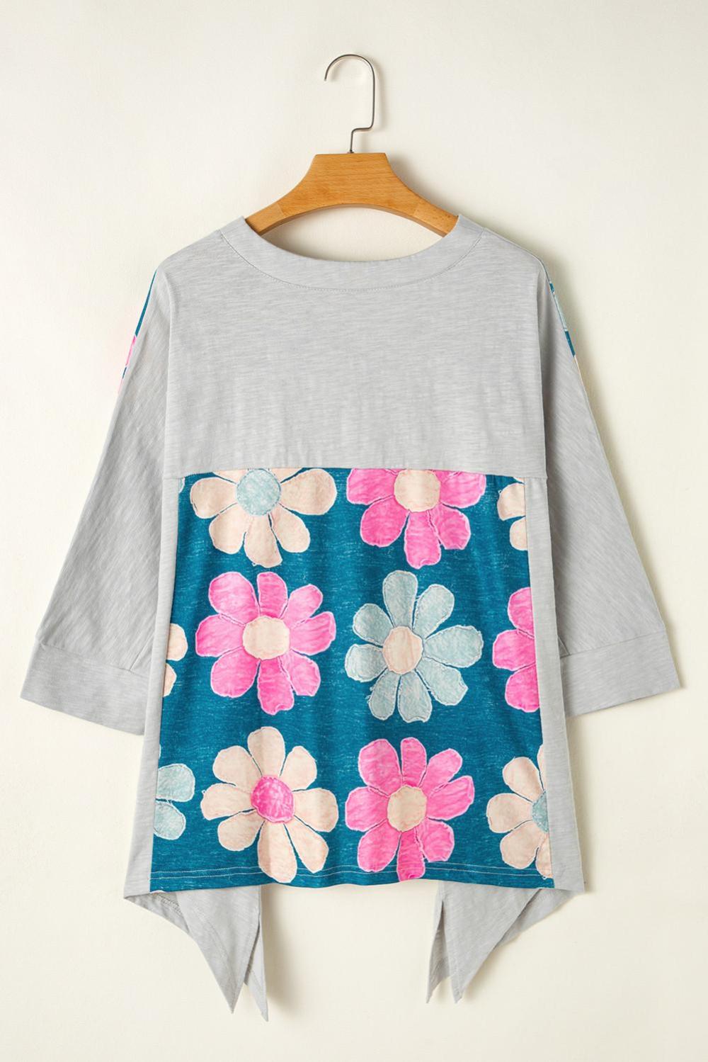 T Shirts | Women Green Patchwork 60S Floral V Neck Bracelet Sleeve Oversized Top