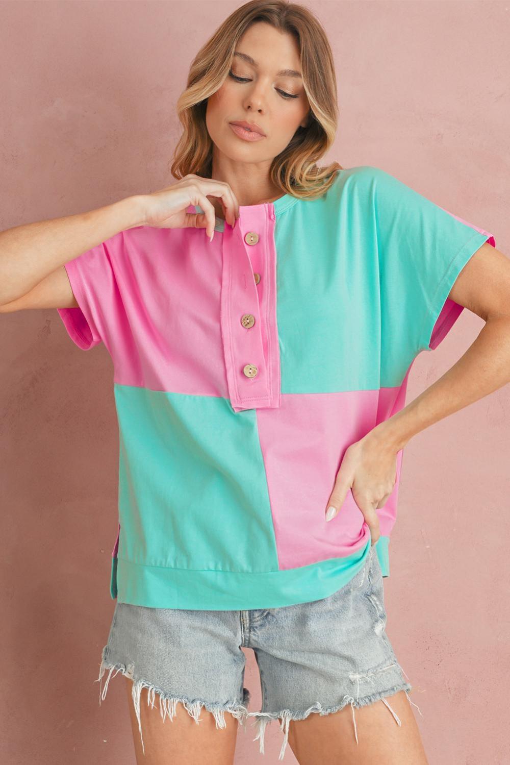 T Shirts | Women Mint Green Colorblock Half Buttons Henley T Shirt