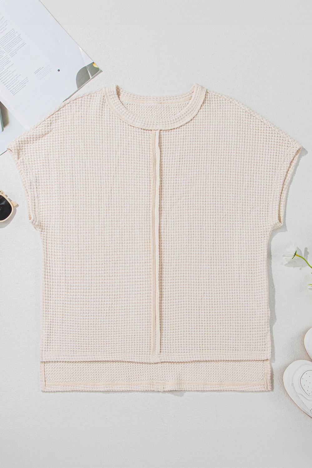 T Shirts | Women Pale Khaki Solid Color Waffle Seamed Short Sleeve Top