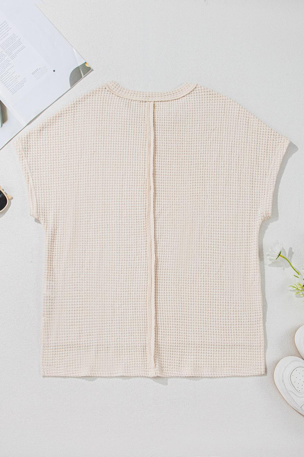 T Shirts | Women Pale Khaki Solid Color Waffle Seamed Short Sleeve Top