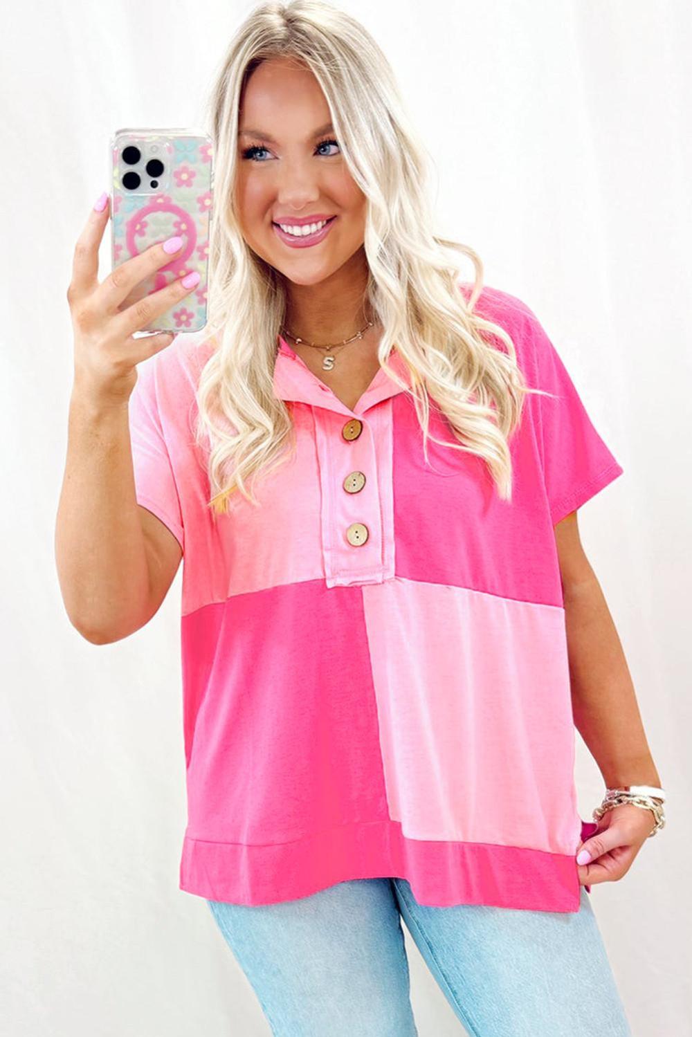 T Shirts | Women Pink Colorblock Half Buttons Henley T Shirt