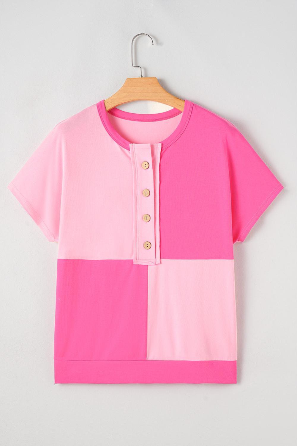 T Shirts | Women Pink Colorblock Half Buttons Henley T Shirt