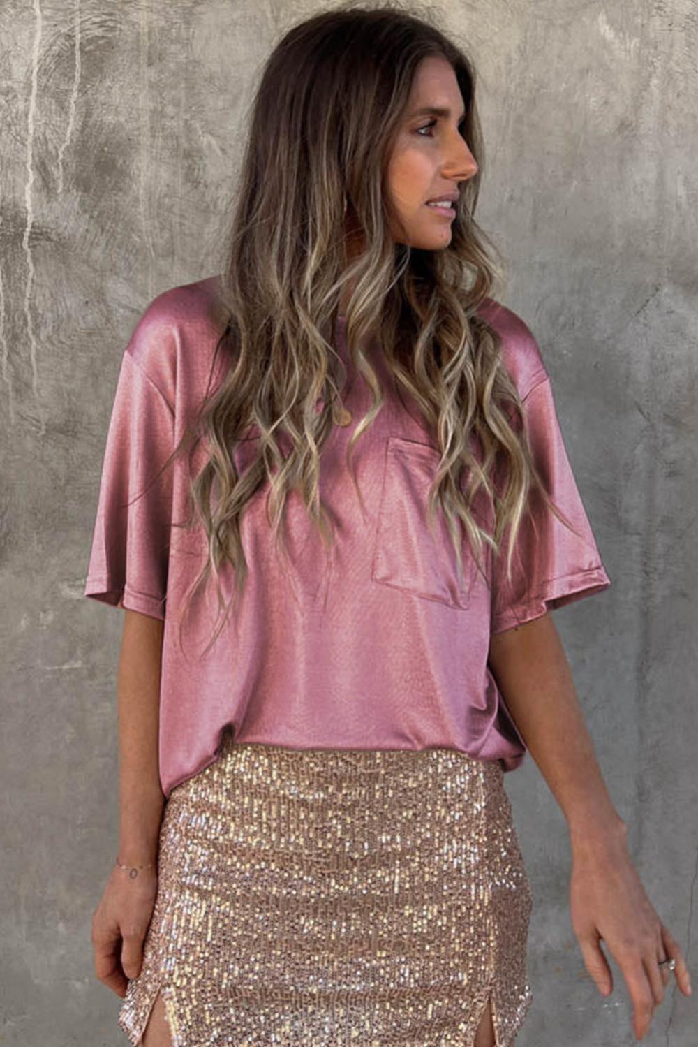 T Shirts | Women Pink Solid Chest Pocket Loose Fit T Shirt