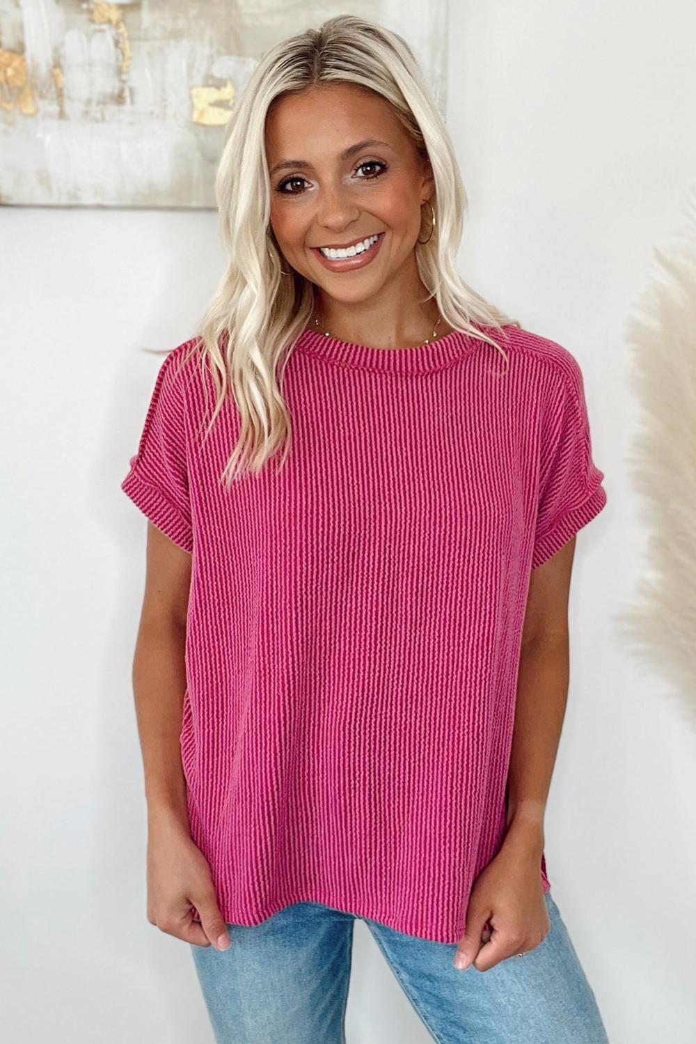 T Shirts | Women Rose Red Crinkle Rib Textured Knit Round Neck T Shirt